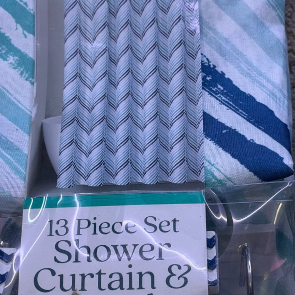 Comfort Bay 13 Pc Shower Curtain Set Blue Abstract Stripe 72x72 w/ 12 Hooks - Picture 3 of 5